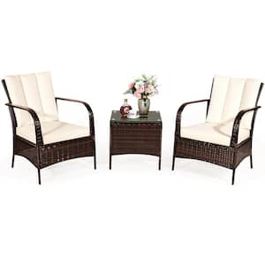 Mix Brown 3-Piece Rattan Wicker Outdoor Furniture Patio Conversation Set with Beige Cushions