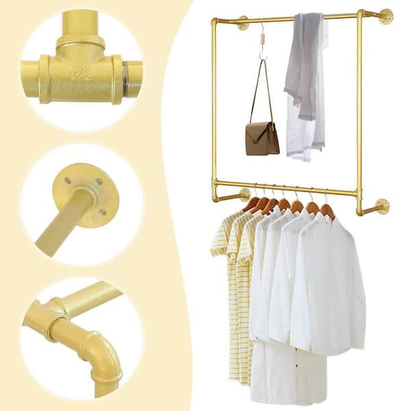 Super Long Industrial Brass-Tone Metal Pipe Wall Mounted Hanging Clothing  Rack