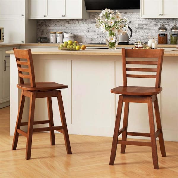 24.5 in. Brown Wood Swivel Bar Stools with Hollow Backrest (Set of 2)