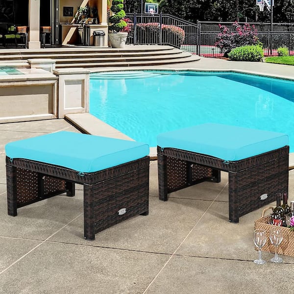 Unbranded 15.5 in. D x 19.5 in. W x 13 in. H Brown Wicker Outdoor Ottoman with Removable Turquoise Cushion (2 Pack)