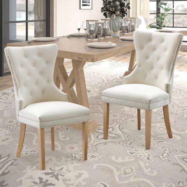Troyes Tufted Wingback Upholstered Dining Chairs with Nailhead Trim and Wooden Legs in Light Beige (Set of 2)