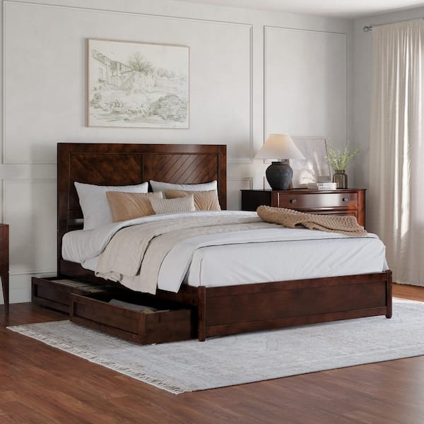 AFI Clayton Walnut Brown Solid Wood Frame Queen Platform Bed with Panel Footboard and Storage Drawers