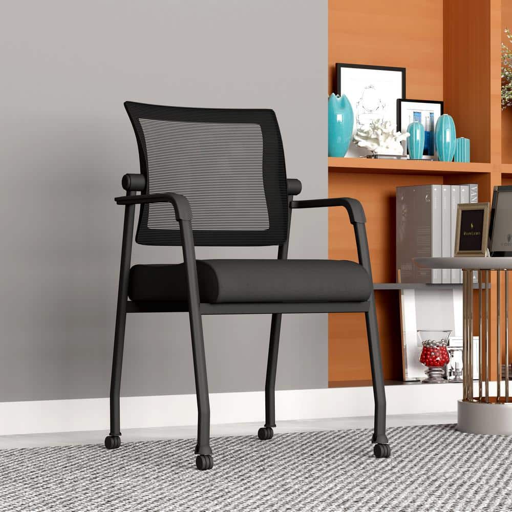 Black Mesh Guest Chair with Fixed Arms and Casters