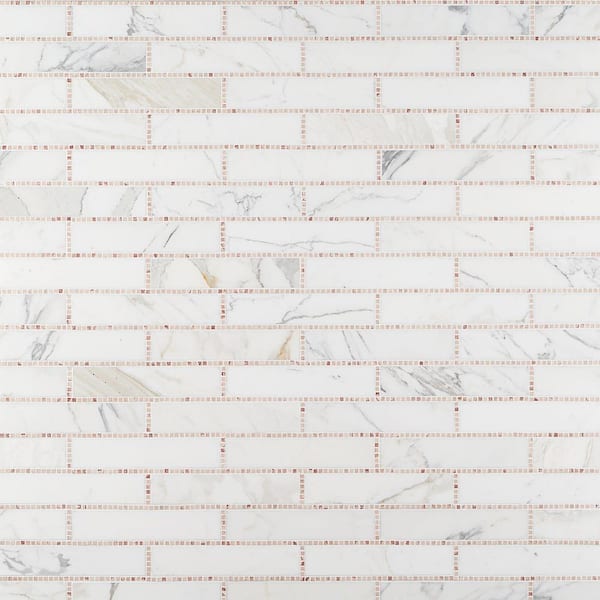 Ivy Hill Tile Krista Watterworth Westgate Brick White Rose 4 in. x 0.39 in. Polished Marble Floor and Wall Mosaic Tile Sample