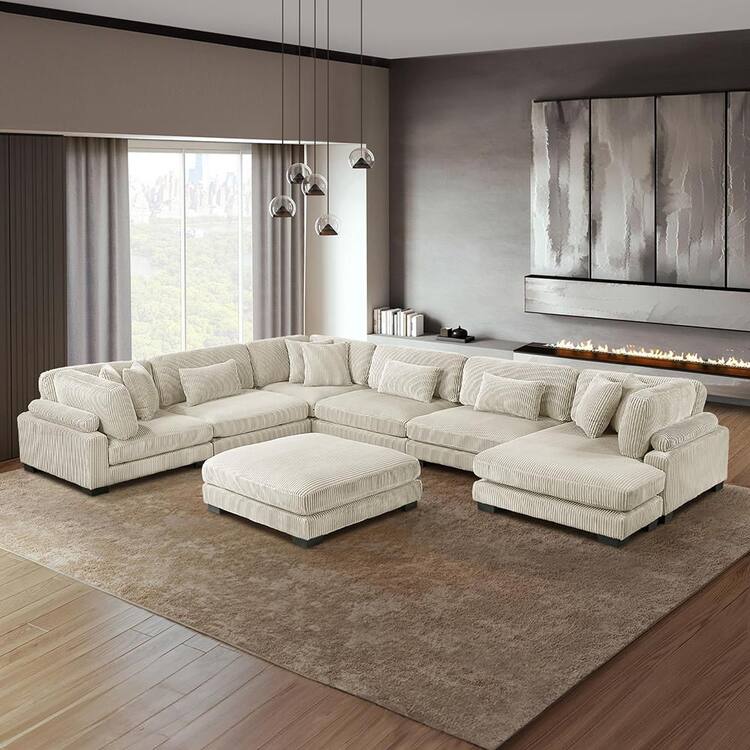 Lazzara Turbo 135 in. Pillow Top Arm 7-Piece Corduroy Fabric Modular Sectional Sofa in Beige with Reversible Chaise and Ottoman
