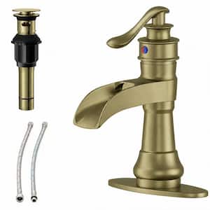 Waterfall Single Hole Single-Handle Low-Arc Bathroom Faucet with Pop-up Drain Assembly in Brushed Gold