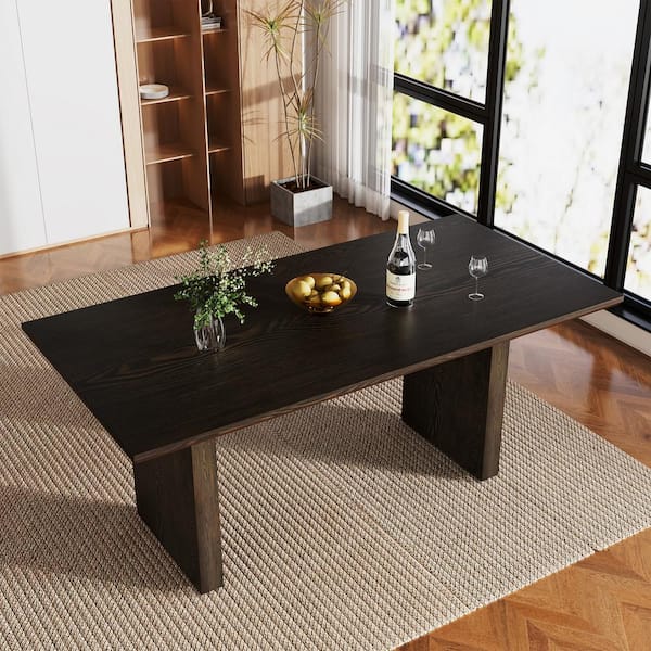 Clihome Brown MDF Wood 70 in. W Double Pedestal Dining Table Kitchen Table Seats-6 with Adjustable Foot Nails