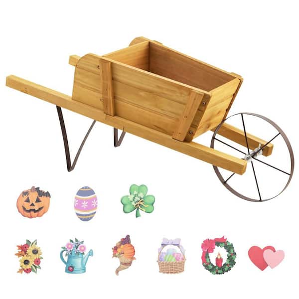 Wood Wagon Planter Decorative Indoor/Outdoor Rustic Flower Cart with Wheel Beige