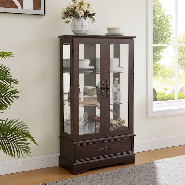 Cherry 25.98 in. Display Cabinet with 1 Drawer and 2 Glass Doors