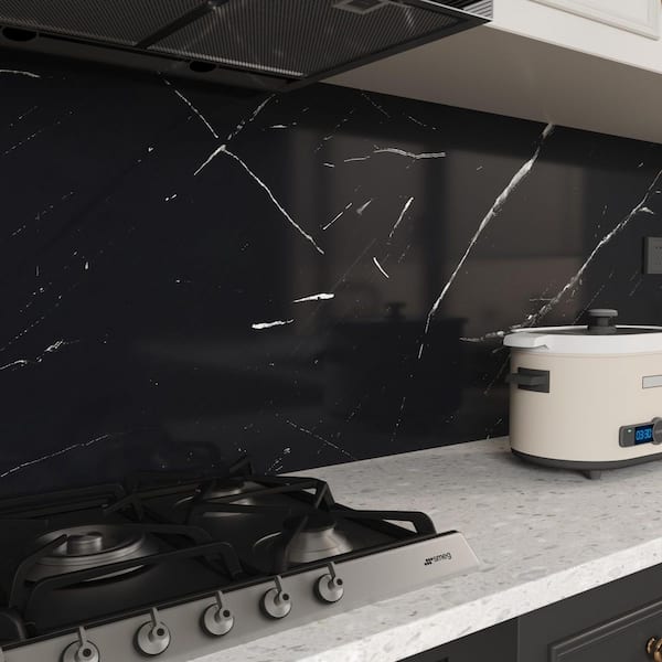 Black Marble 23.6" X 197" Kitchen Vinyl Roll Wallpaper, PET Finish Peel & Stick Countertop Protector, 1 Roll