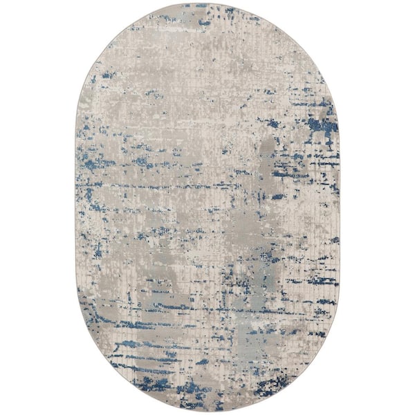 Nourison Concerto Ivory Grey Blue 6 ft. x 9 ft. Abstract Contemporary Oval Area Rug