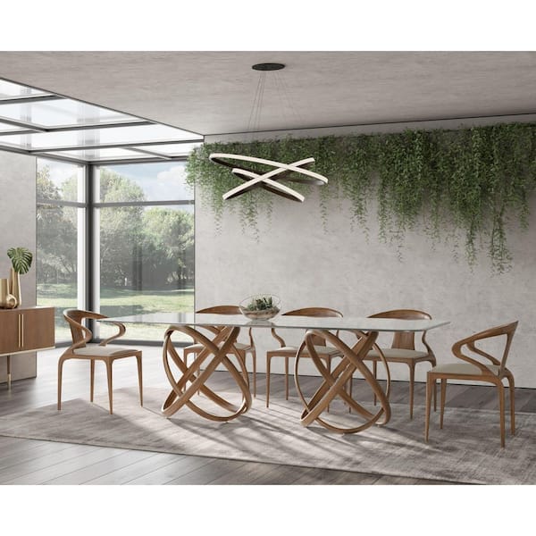 Modrest Mason Modern Walnut Glass 47 in. Double Pedestal Dining Table Seats 8