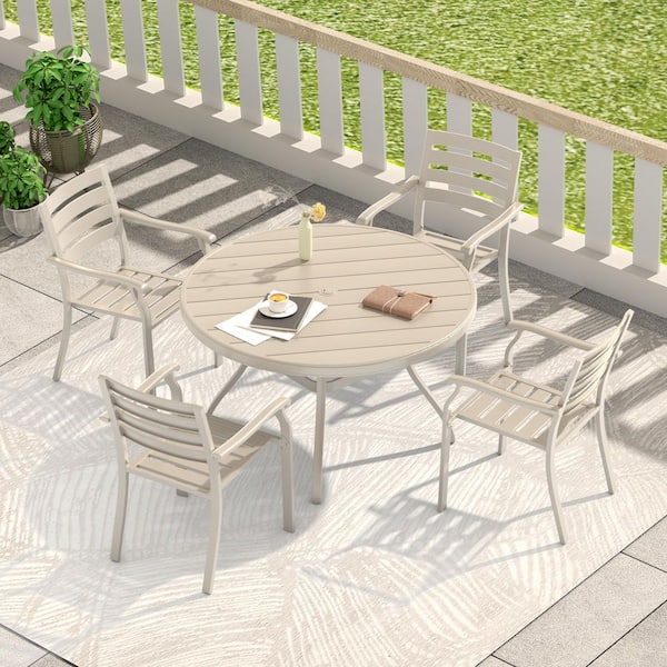 Beige 5-Pieces Metal Round Outdoor Dining Set