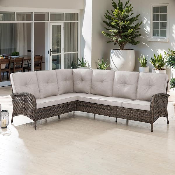 Brown Wicker Outdoor Sectional Sofa, 6-Seater L-Shaped Patio Couch with Beige Cushions, Rattan Conversation Set