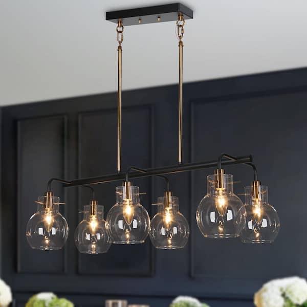 28 in. 6-Light Modern Black Island Chandelier, Globe Clear Glass Kitchen Pendant Light, Farmhouse Brass Light Fixtures