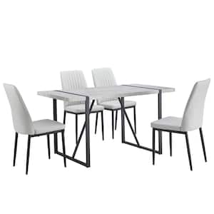 5-Piece Faux Marble Top Dining Table Chairs Set for 4, Rectangular Dining Room Table Set with 4 Leather Chairs, Gray