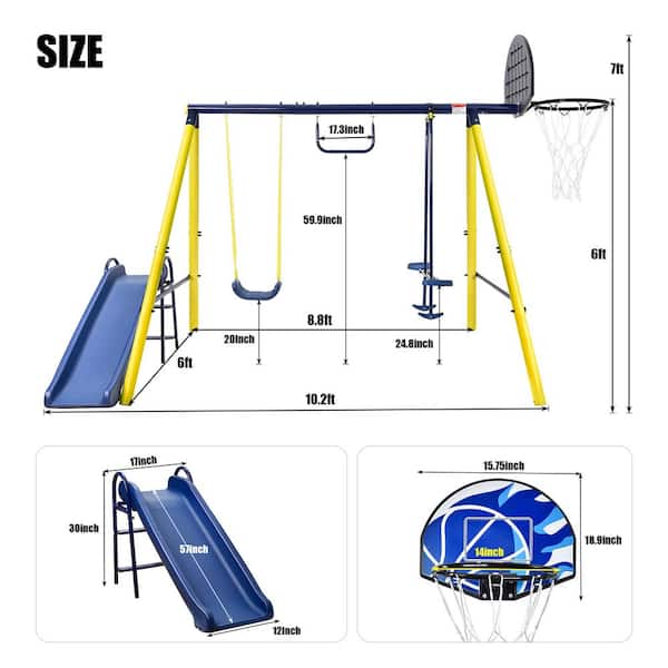 Tidoin MRS-YDMS-08AAC Outdoor Tolddler Swing Set for Backyard with Steel Frame and Seesaw Swing, Basketball Hoop - 2