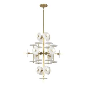 Amani 30 in. W x 40 in. H 15-Light Gold Mid-Century Modern Chandelier with Alabaster Stone Discs