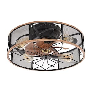 19.6 in. 4-Light Indoor Farmhouse Black Low Profile Caged Mesh Flush Mount Ceiling Fan with Light and Remote Control