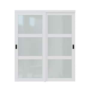 72 in. x 80 in. 3-Lite Frosted Glass White Primed MDF Interior Closet Sliding Door with Hardware and Black Handles