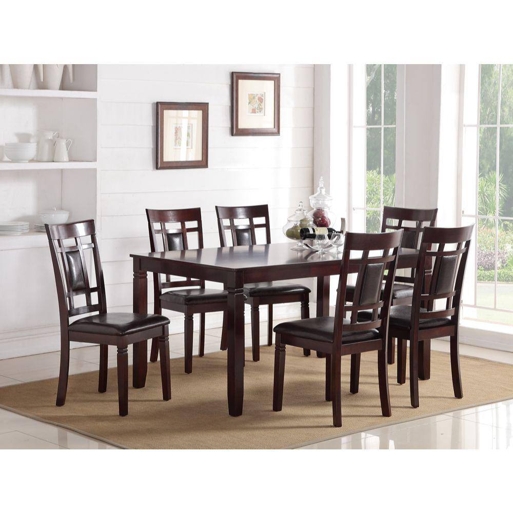 Espresso Brown 7-Piece Rubber Wood Dining Set with Faux Leather Chairs