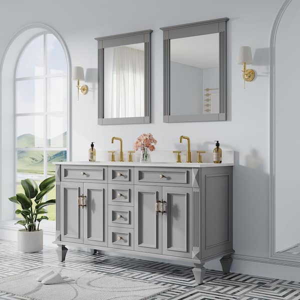 60 in. W x 22 in. D x 35 in. H Double Sink Bath Vanity in Titanium Gray with Stain-Resistant Quartz Top and 2 Mirror