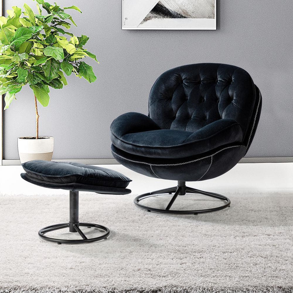 JAYDEN CREATION Leonor Black Swivel Lounge Chair and Ottoman with ...