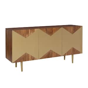 Kinsey 58 in. W Warm Wood Finish 30 in. H Rectangular Acacia Console Table with 3-Gold Door Panels and 4-Shelves