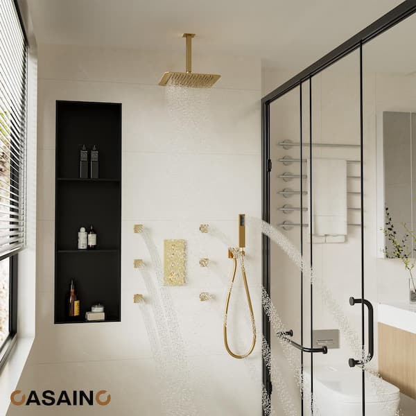 Thermostatic Square 3-Spray Patterns 12 in. Ceiling Mount Shower Faucet 1.8 GPM with 6-Jet in Brushed Gold