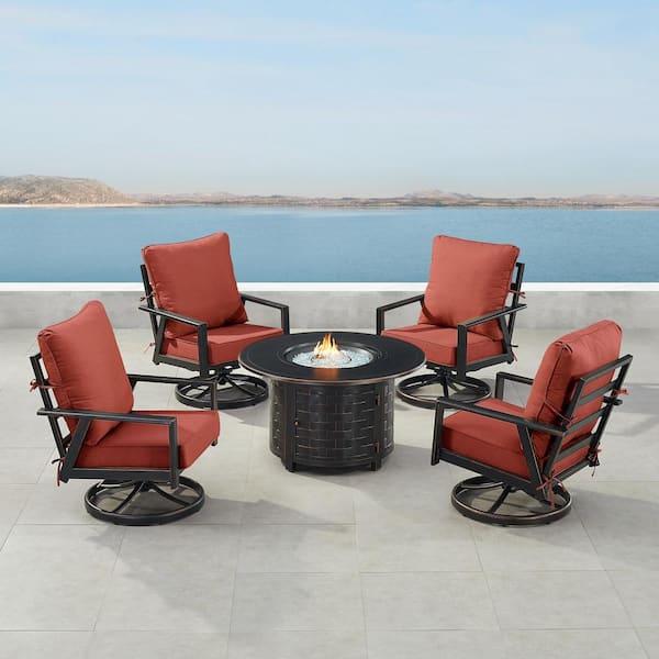 Oakland Living Black 7-Piece Aluminum Patio Fire Pit Set with 4-Club Chairs Red Cushions