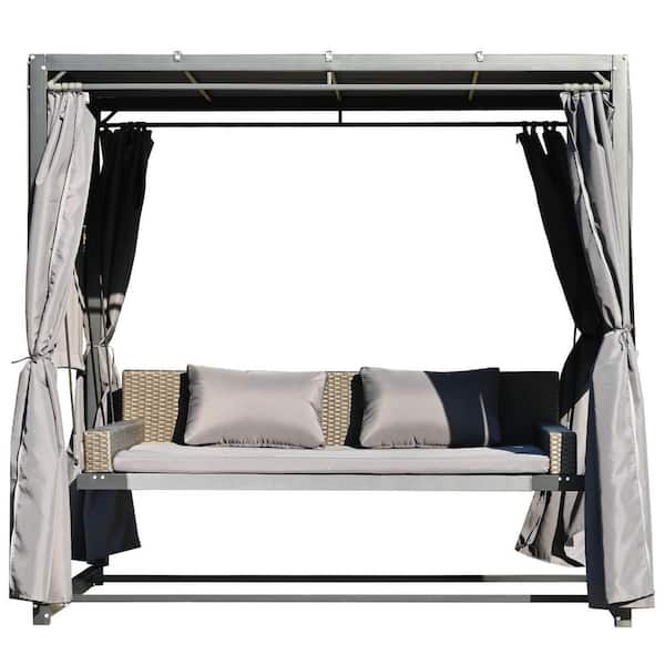 Clihome 2-Person to 3-Person Steel Outdoor Swing Bed with Adjustable Curtains in Dark Gray