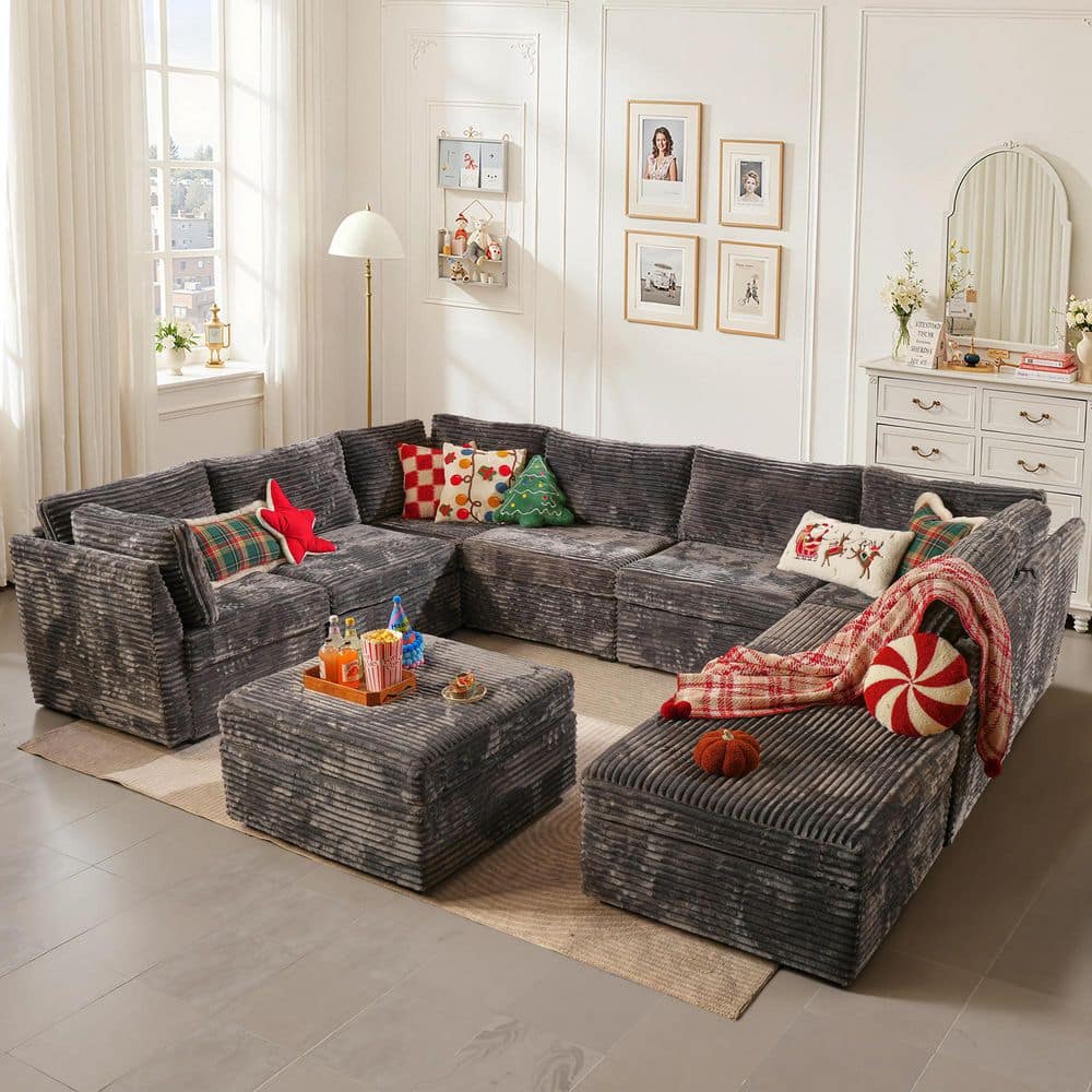 Allwex CUKE 127 in. Wide 9-Piece Modern Deep Seat Plush Corduroy U