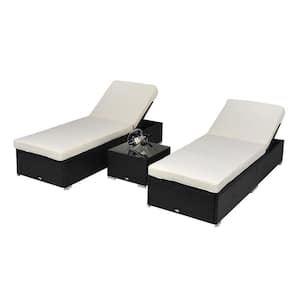 3-Piece Plastic Rattan Outdoor Chaise Lounge Chair Set with Functional Side Table, Reclining Backrest and White Cushions