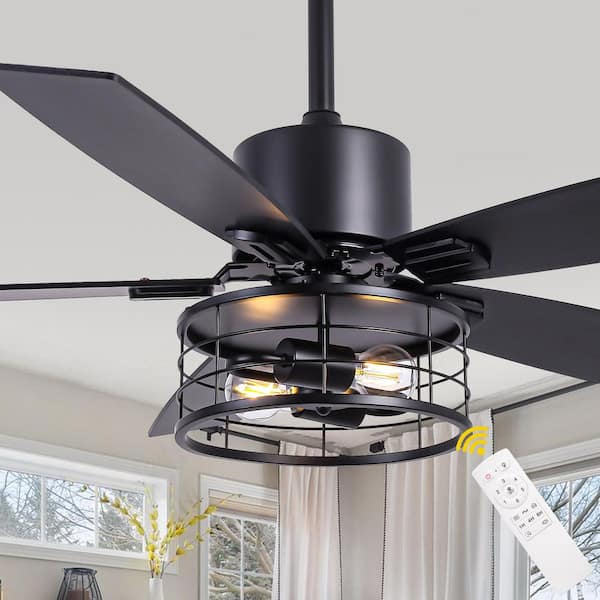 Koyah 46 in. Indoor Black Caged Ceiling Fan with Light and Remote, Farmhouse Down Rod Ceiling Fan with 6 Speeds