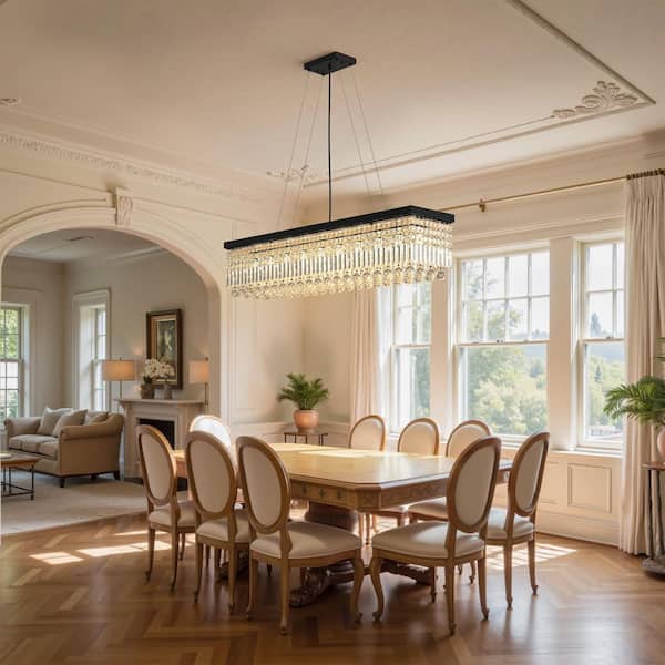 10-Light Matte Black Modern Rectangle K9 Crystal Chandelier, Iron E12 Pendant Light for Dining Room or Kitchen Island