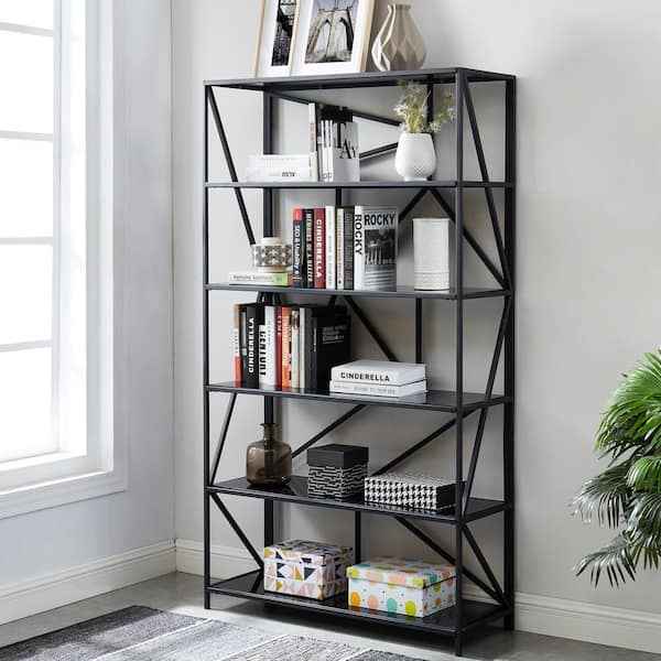 6 Shelf Bookcase With Glass Shelves, Metal Shelves Bookcase