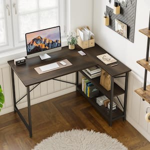 47 in. Small L-Shaped Computer Desk with Storage Shelves Brown