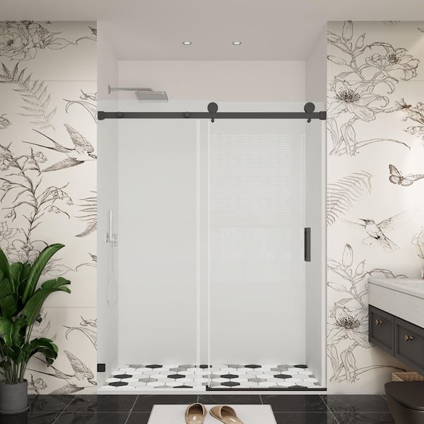 YINVANI 60 in. W x 76 in. H Single Sliding Frameless Bypass Shower Door in Matte Black with Easy-Clean 3/8 in. Clear Glass