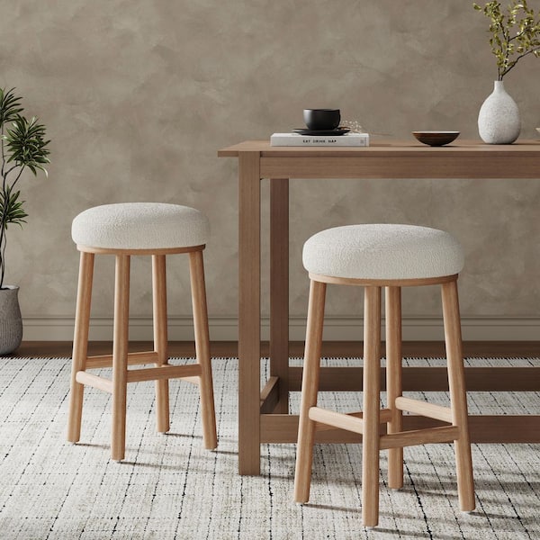 Beau 27.36 in. H Natural+Beige Round Fabric Modern Upholstered Counter Bar Stools, Solid Wood Frame, Set of 2