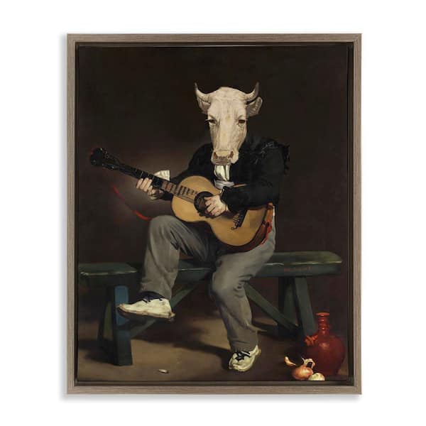 Stupell Industries Cow Playing Guitar by Alicia Longley Brown Floater Frame Music Graphic Art Print 21 in. x 17 in.