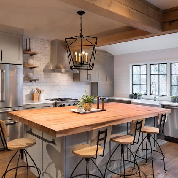 Industrial 4-Light Black Geometric Chandelier for Kitchen Island with No Bulbs Included