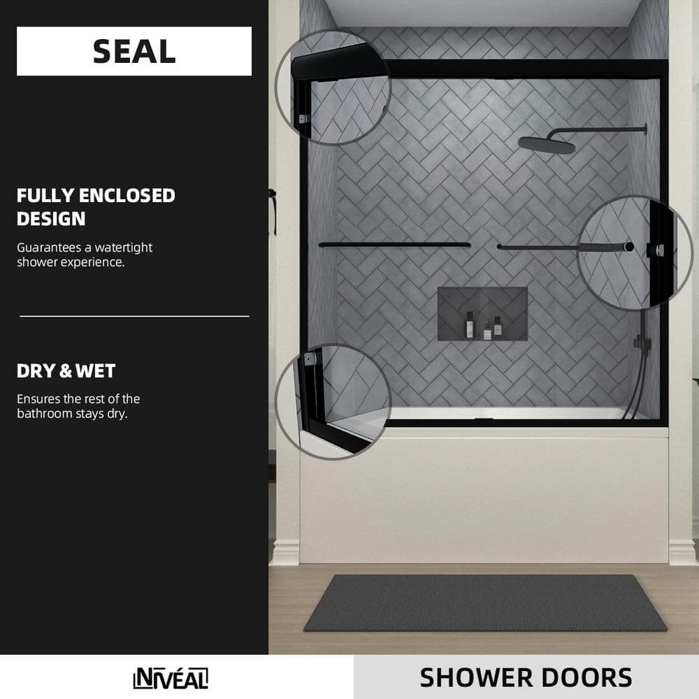 Matte Black Semi-Frameless Sliding Tub Door with Clear Tempered Glass