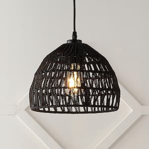 Campana 10.25 in. 1-Light Bohemian Modern Woven Rope/Iron LED Pendant Light, Black