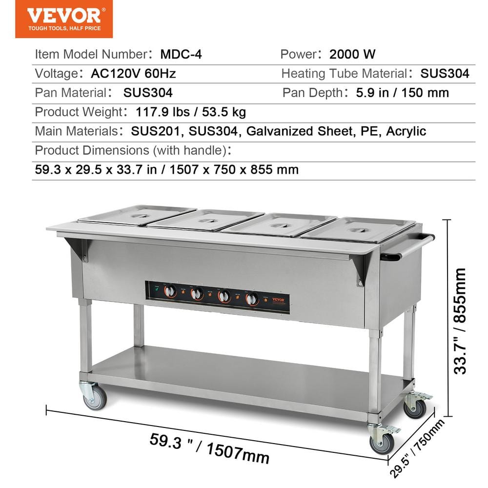 Silver Stainless Steel 4-Pan Commercial Food Warmer with Wheels