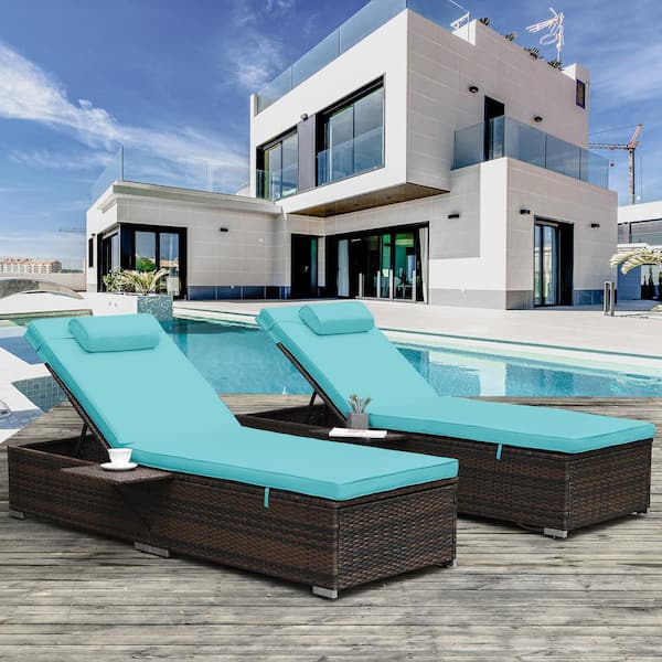 Unbranded Brown 2-Piece Wicker Outdoor Chaise Lounge with Blue Cushions and Adjustable Backrest