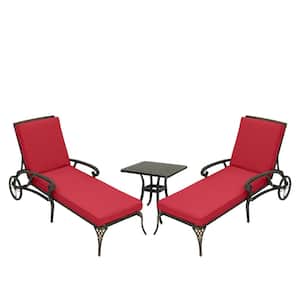 3-Piece Cast Aluminum Outdoor Chaise Lounge with Side Table and Red Cushion