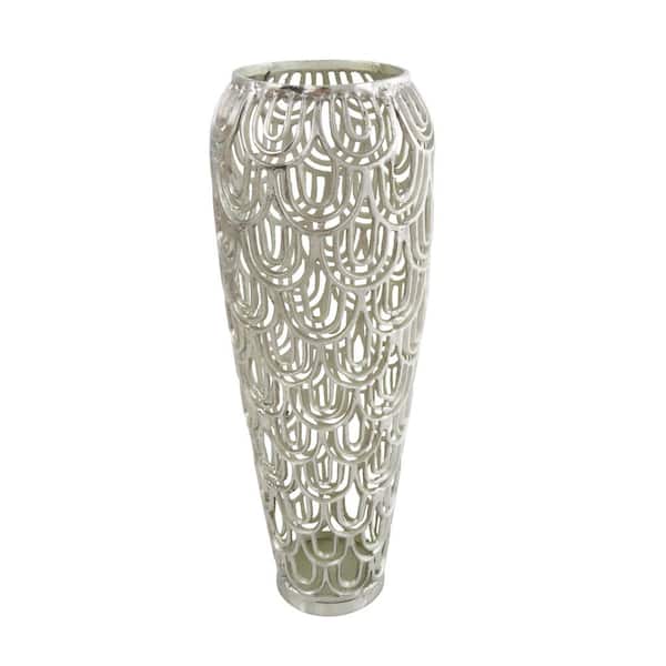 Litton Lane 25 in. Silver Art Deco Inspired Arched Aluminum Metal Geometric Decorative Vase