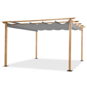 12 ft. x 12 ft. Wood Grain Aluminum Outdoor Pergola with Gray Retractable Shade Canopy