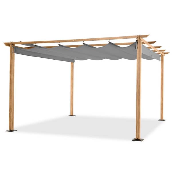 EGEIROSLIFE 12 ft. x 12 ft. Wood Grain Aluminum Outdoor Pergola with Gray Retractable Shade Canopy