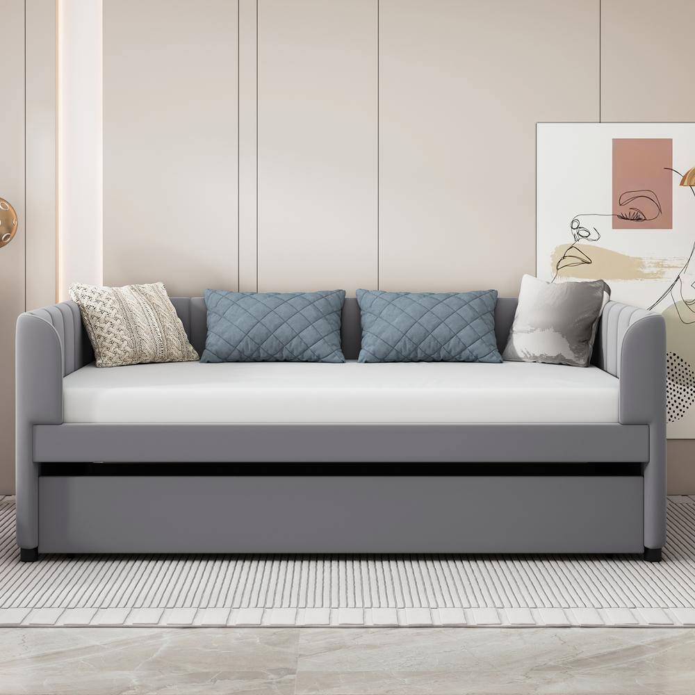 Gray Velvet Upholstered Twin Daybed with Trundle and Wood Frame